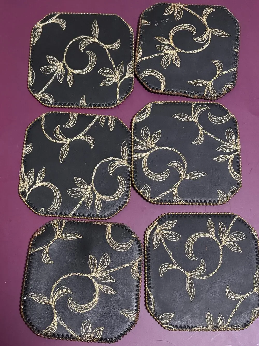 Lot Set of 6 Black Gold Silver Embroidered Coasters